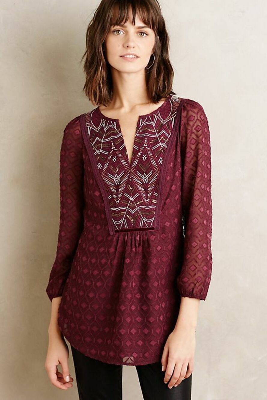 ANTHROPOLOGIE ONE SEPTEMBER sz S Madiran burgundy embroidered blouse EUC